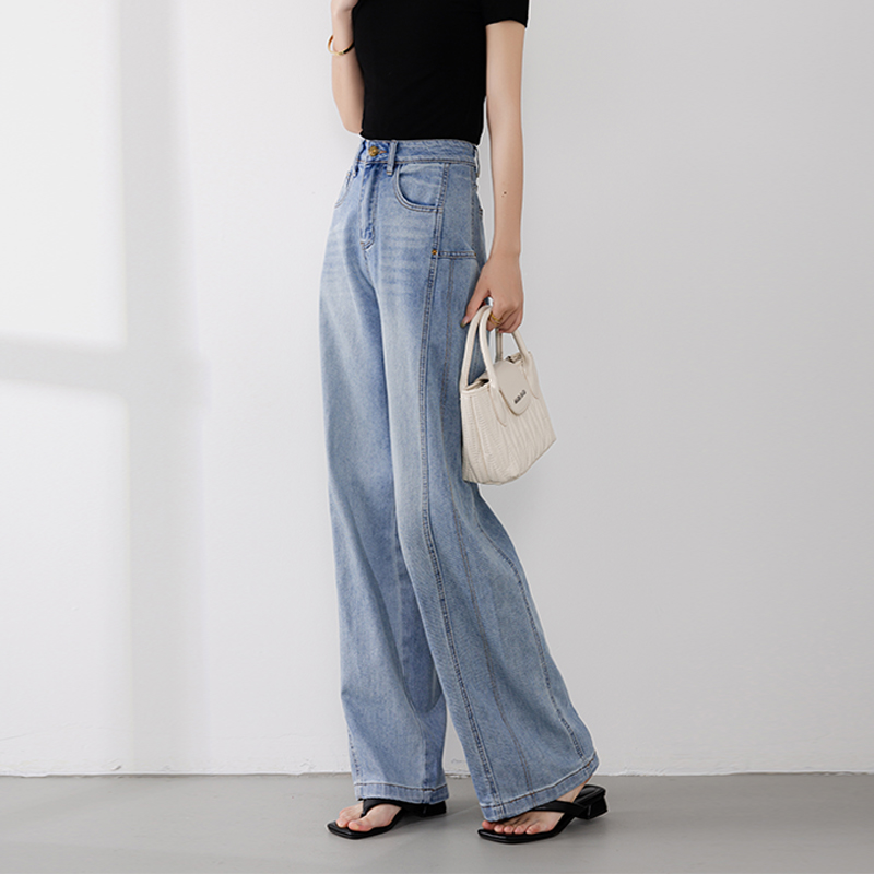牛仔裤宽松直筒2025夏侧边双缝拼接显腿长休闲阔腿牛仔裤设计感