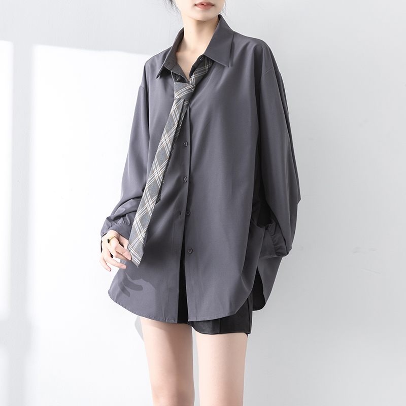 赠送领带！可拆卸领带灰色衬衫女