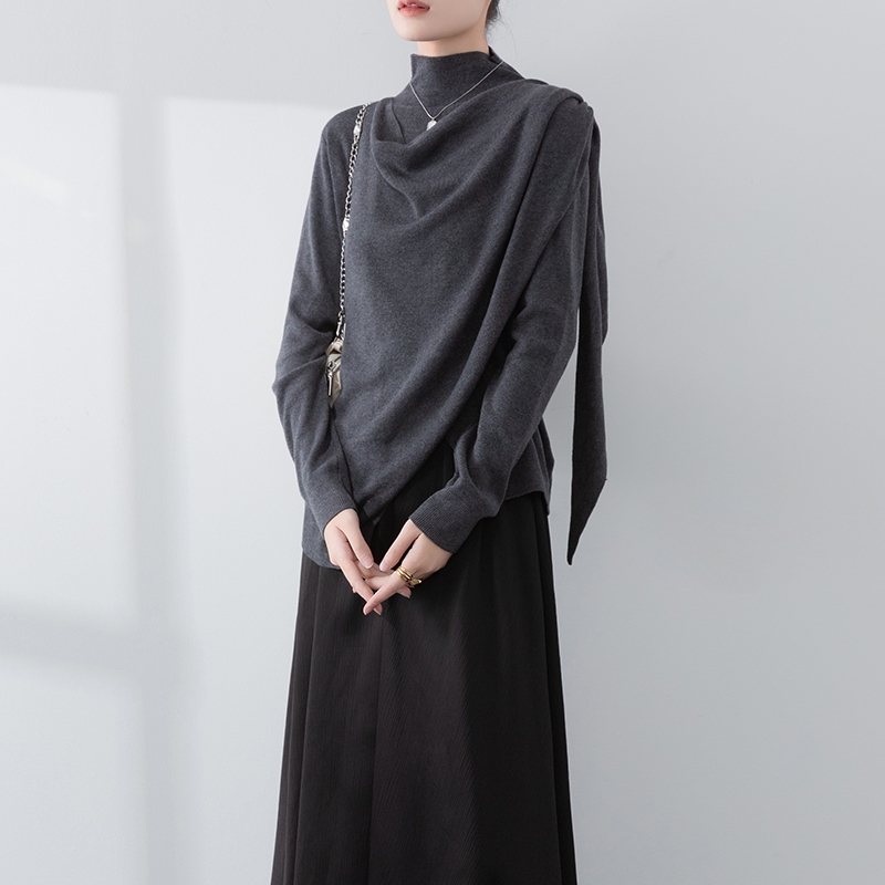 荡领针织衫女不规则飘带打底上衣