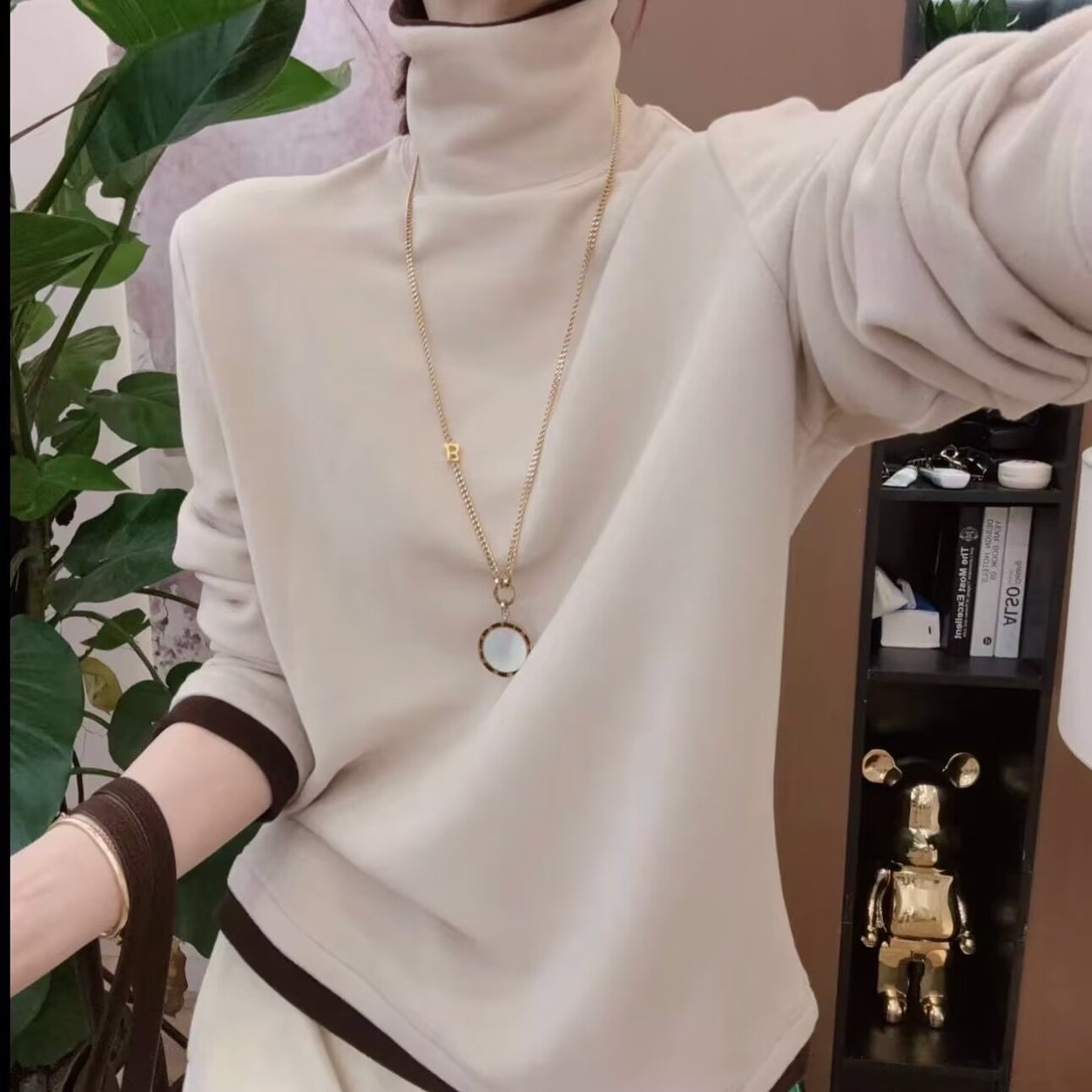 原单自制高品质东大门爆款澳绒高领撞色打底衫女2025年冬舒适T恤