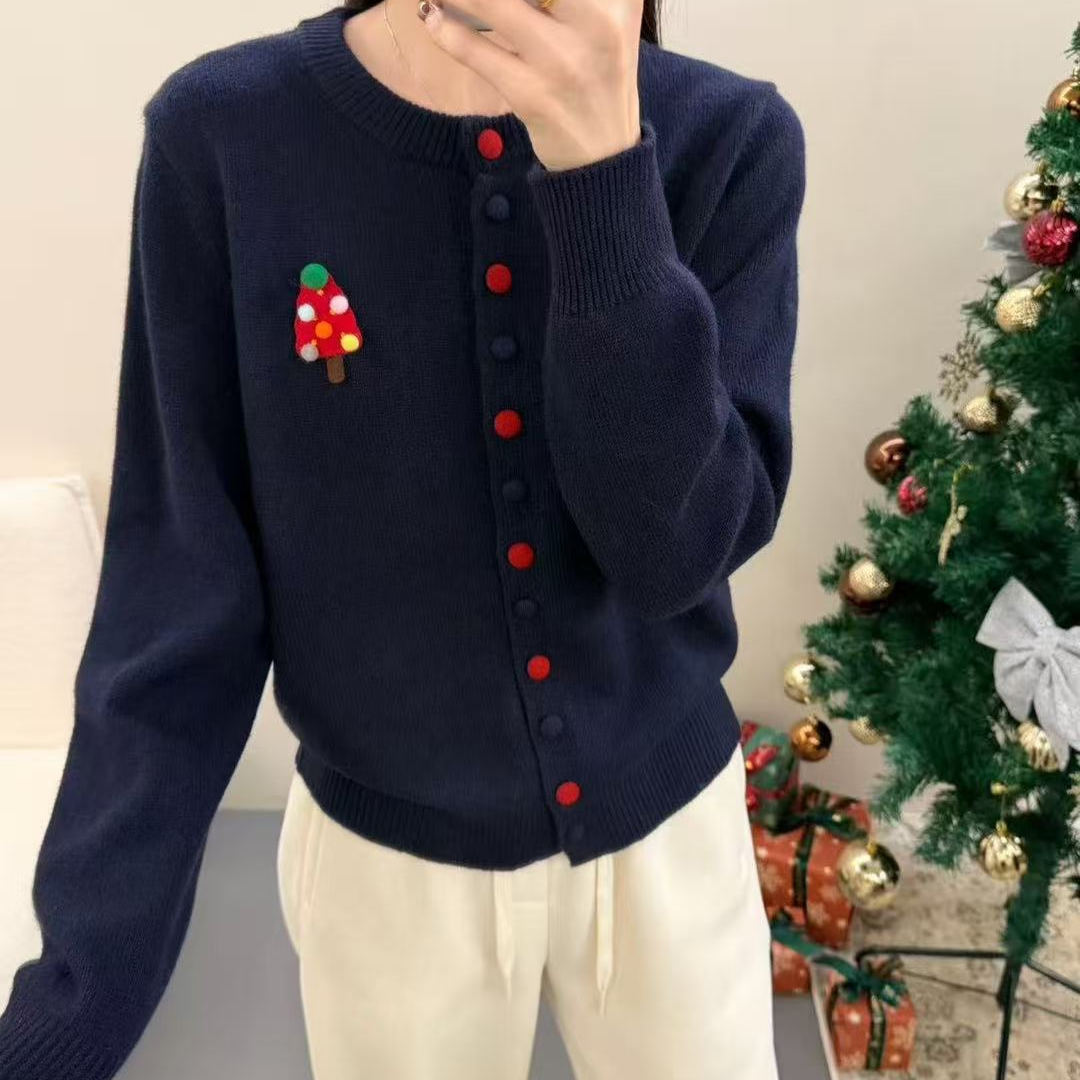 原单外贸韩系浣熊绵羊毛圣诞树长袖针织开衫女冬季红色软糯洋气冬