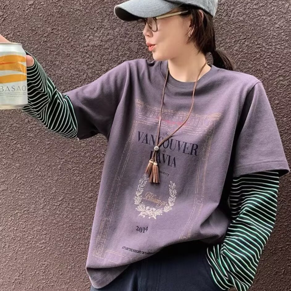 原单外贸复古印花条纹假两件长袖T恤女2025年秋高品质棉质打底衫t