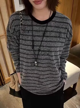 原单外贸2025年灰色复古长袖刺绣长袖打底T恤女撞色领口显瘦上衣t