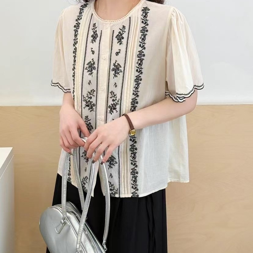 复古民族风重工刺绣单排扣宽松显瘦2025牛夏季杏色小衫上衣爆款女