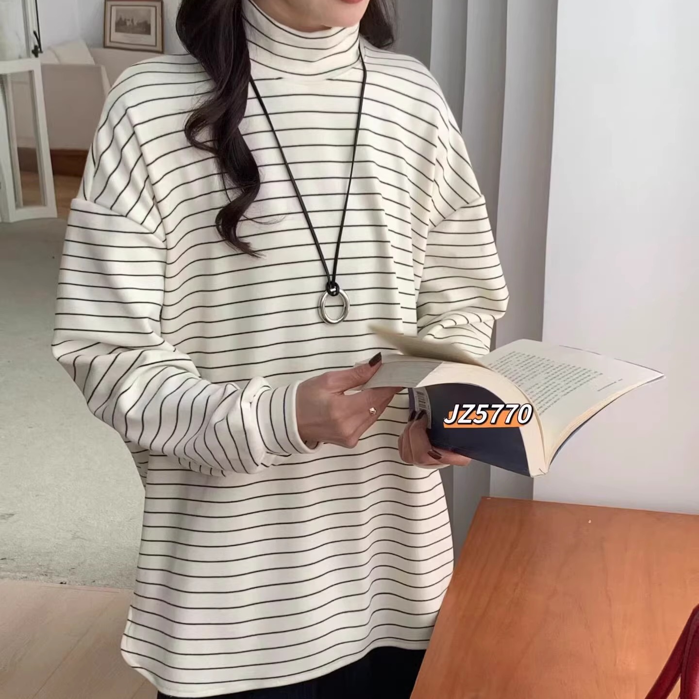 原单韩系高领条纹复古德绒宽松大版中长款慵懒风2025年冬季T自留