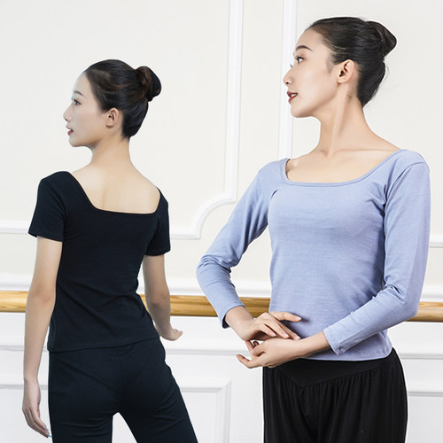 舞蹈服练功服装长袖女成人黑色方领短袖形体服跳舞衣白色修身上衣 - 封面