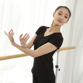 诗弋舞蹈练功服女v领芭蕾舞短袖 上衣衣服紧身形体服黑色舞蹈服