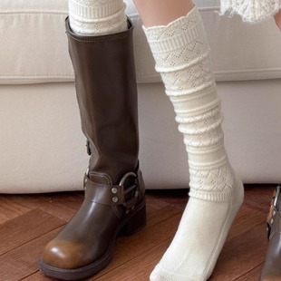 花边复古镂空羊毛小腿袜子女中筒堆堆袜秋冬保暖配靴子长筒袜靴袜