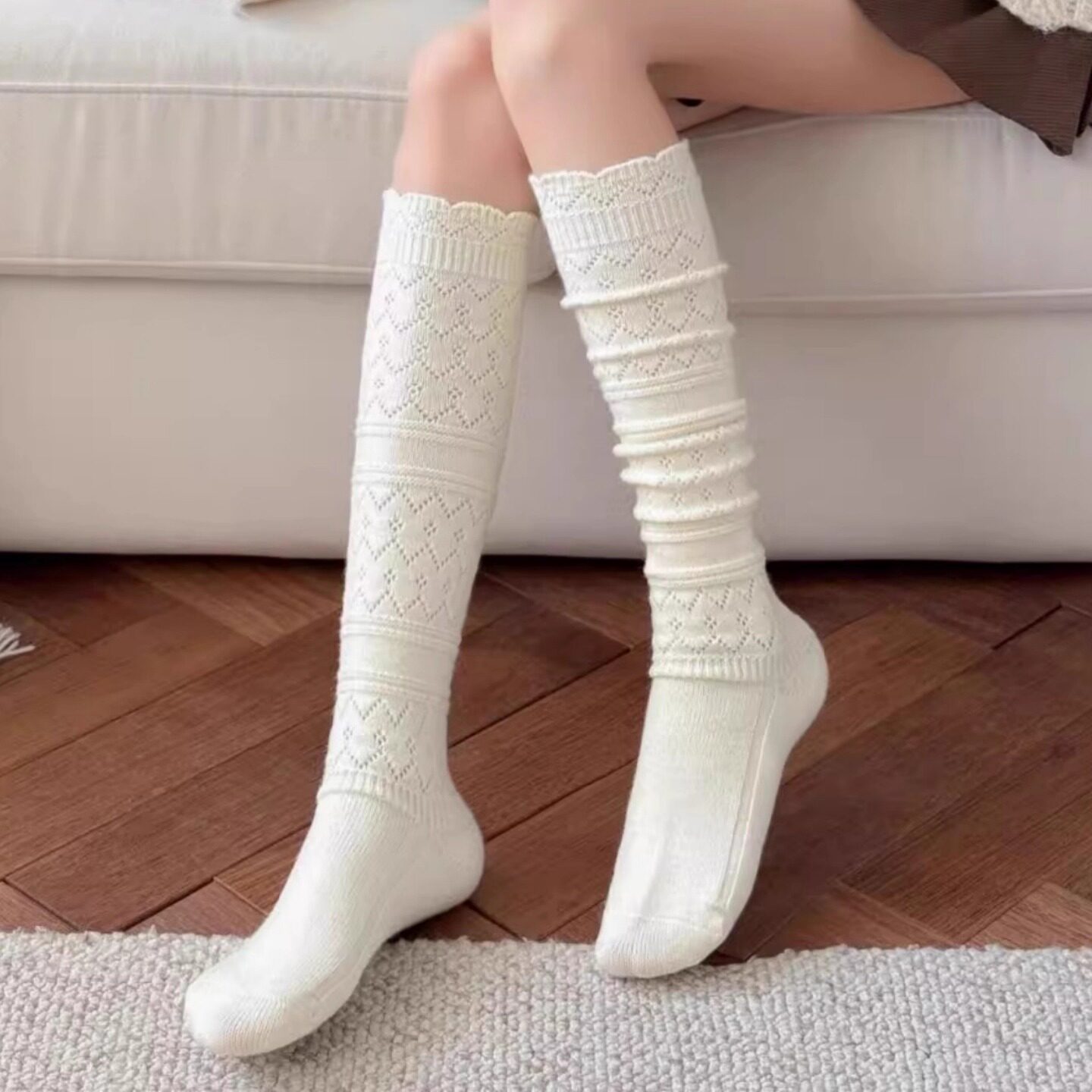 秋冬复古镂空羊毛小腿袜子女中筒堆堆袜秋冬保暖配靴子长筒袜靴袜