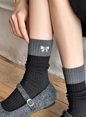 袜子女灰色格雷系双针蝴蝶结刺绣中筒袜ins潮拼色纯棉舒适堆堆袜