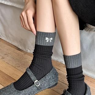 袜子女灰色格雷系双针蝴蝶结刺绣中筒袜ins潮拼色纯棉舒适堆堆袜