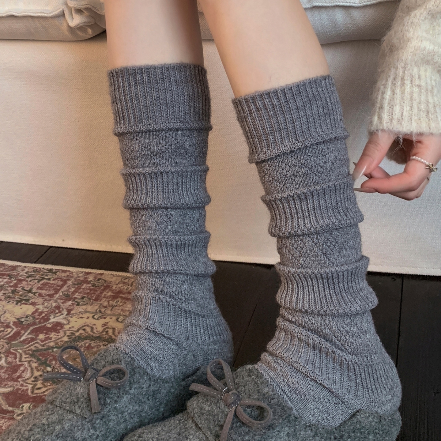 羊毛菱格小腿袜秋冬日系镂空