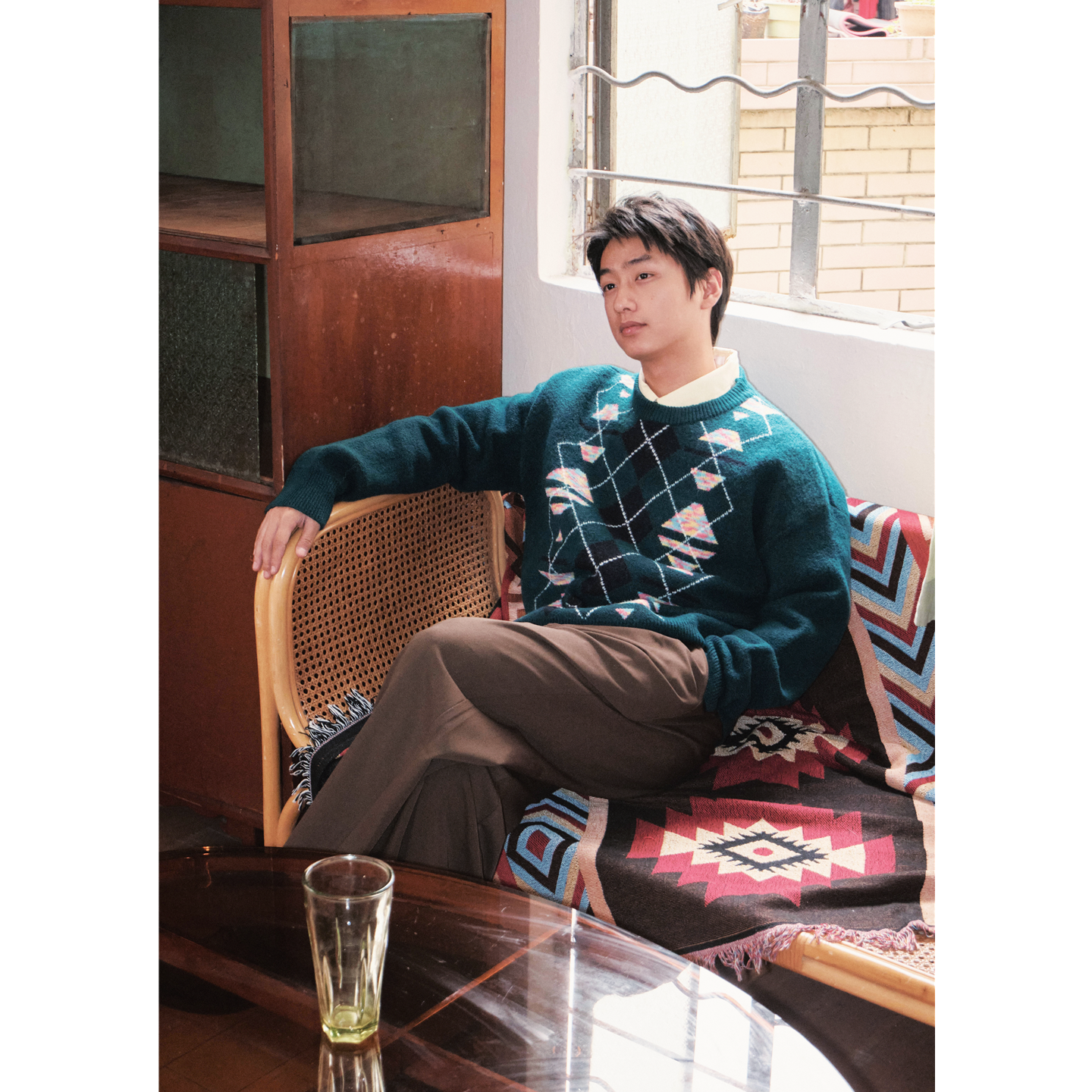 何记港风/羊毛混纺 复古90年代感经典菱形格毛衣圆领针织情侣外套,男装,针织衫/毛衣,淘宝优惠券,粉丝福利购,淘宝优惠卷