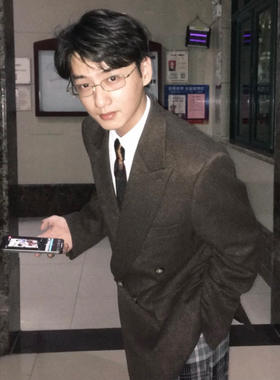 何记港风/老粉b入款！复古绅士秋冬斜纹毛呢西装外套男