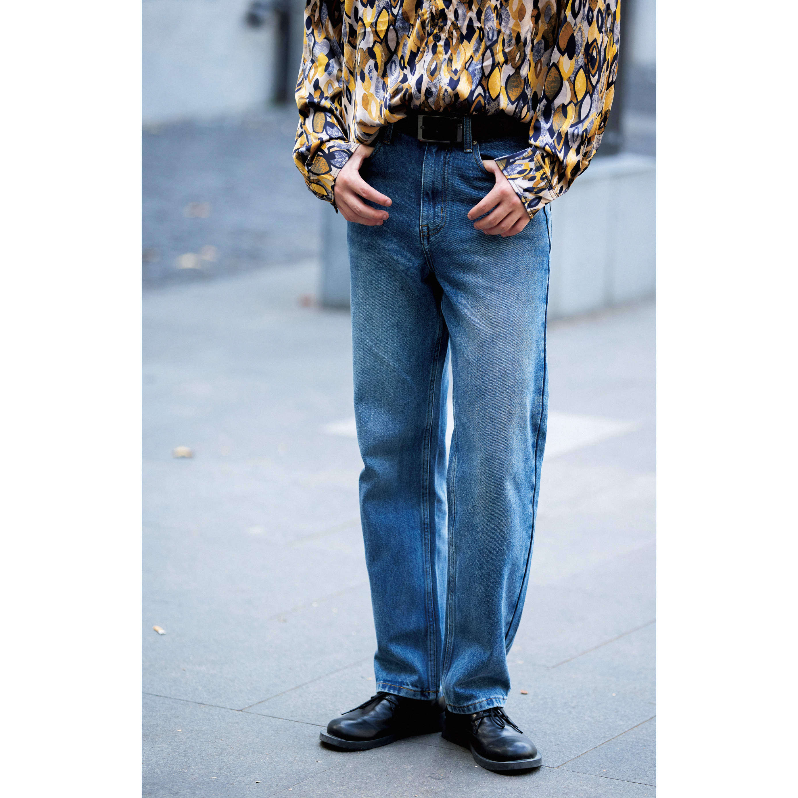 何记港风/高腰棉质牛仔裤复古蓝色显瘦阔腿直筒长裤男,男装,牛仔裤,淘宝优惠券,粉丝福利购,淘宝优惠卷