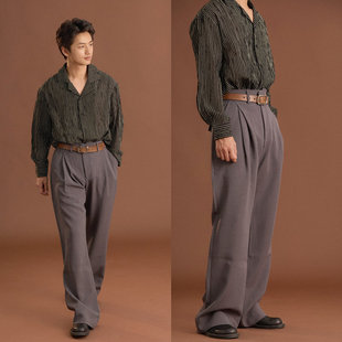 5色设计感褶皱高级西装 直筒休闲长裤 裤 男垂感西裤 阔腿裤 何记港风