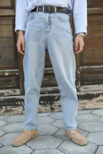 何记自制「迪斯科」港风复古水洗宽松直筒老爹阔腿高腰牛仔裤 男