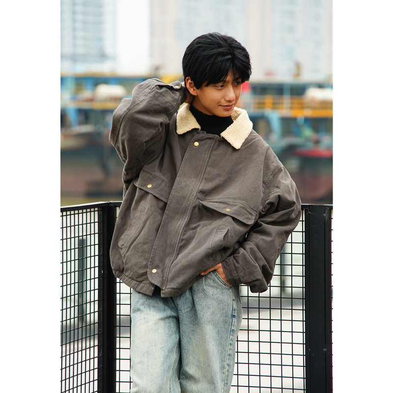 何记港风/复古港风加厚翻领棉服宽松休闲羊羔绒外套夹克男