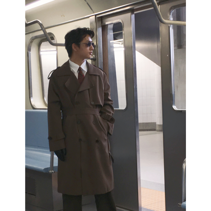 何记港风/复古廓形大翻领双排扣长款风衣 高级感过膝大衣外套男,男装,风衣,淘宝优惠券,粉丝福利购,淘宝优惠卷