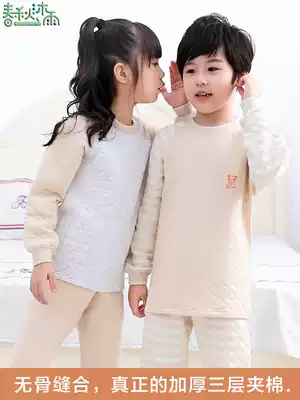 Children's three-layer padded heating clothes, boys and girls pajamas, autumn clothes, sanitary pants, thickened class A pure cotton autumn and winter