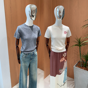 Ceevan春精纺绵羊毛山羊绒混纺轻薄细腻舒适字母绣花针织短袖 T恤