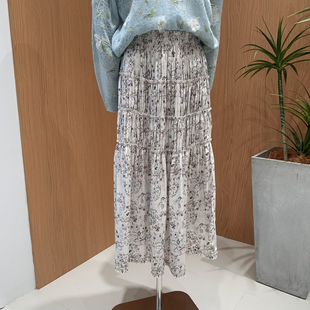 Ceevan松紧高腰百搭显瘦藏肉遮胯复古碎花垂顺丝滑花边拼接半身裙