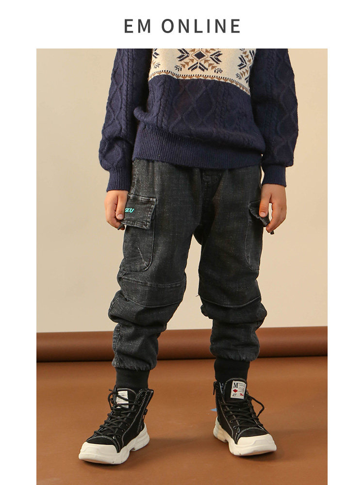 EM 2020 winter new boys plus velvet leisure sports drawstring pants tide children's plus velvet pants winter thickened