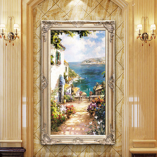 饰画定制 客厅玄关楼梯口装 手绘油画大芬村挂画地中海风景复式 欧式