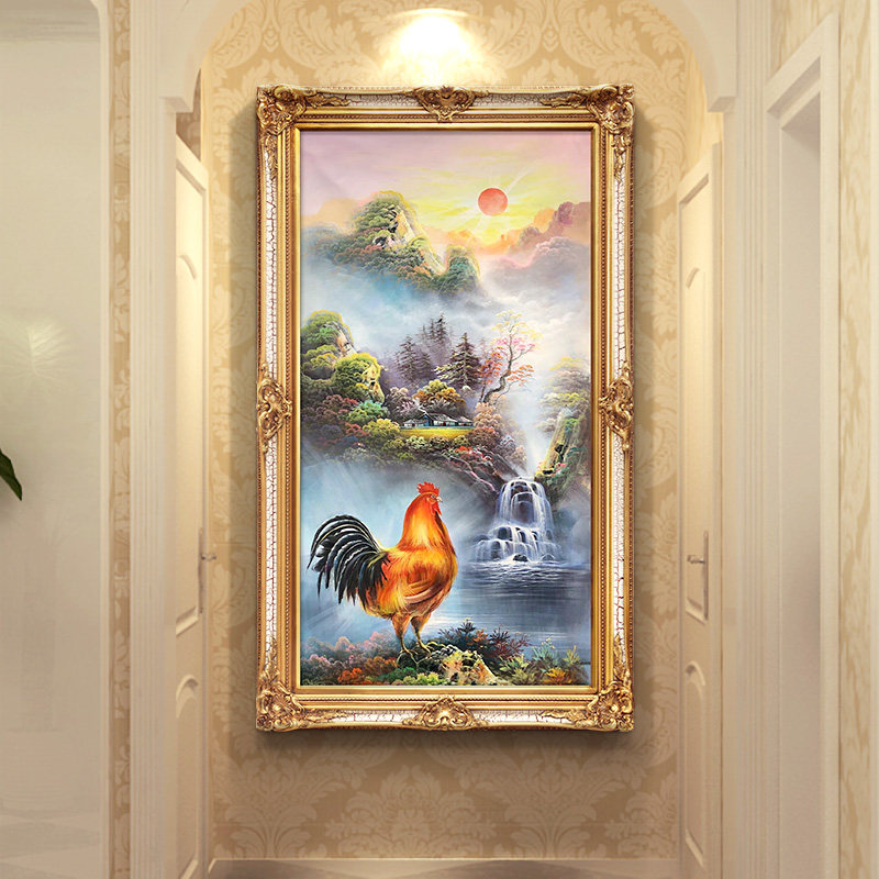 欧式玄关过道装饰画入户走廊壁画纯手绘墙画玄幻挂画公鸡报晓油画