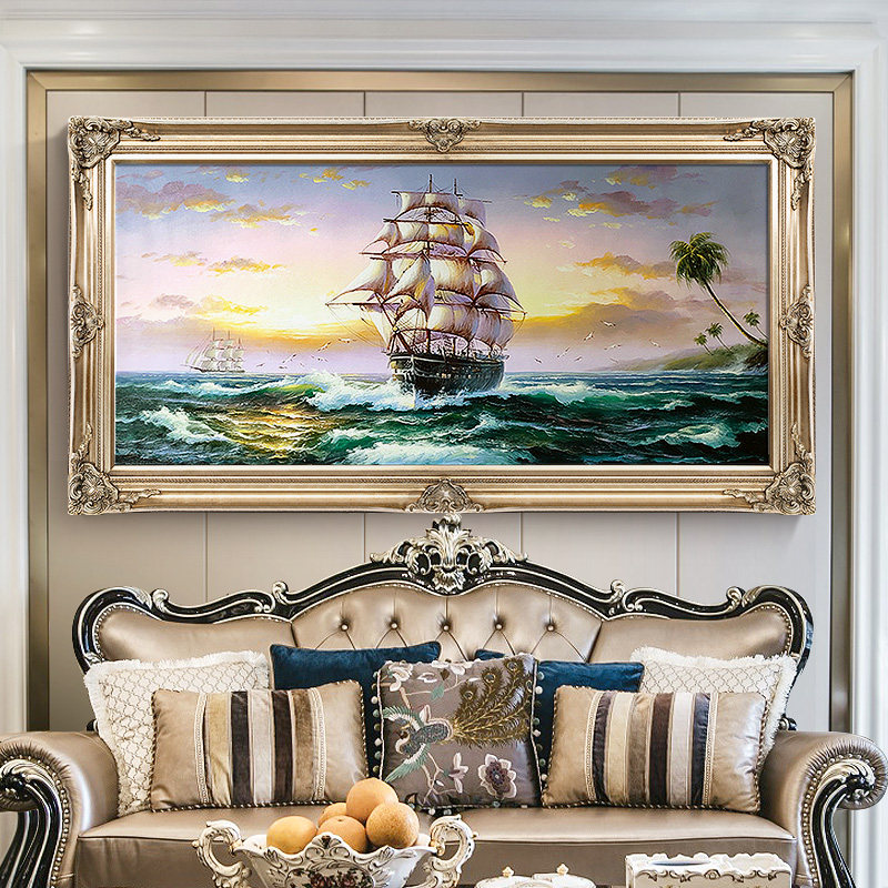 欧式客厅手绘油画墙画装饰画一帆风顺办公室玄关帆船壁画定制挂画