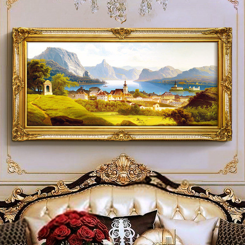 纯手绘欧式古典油画挂画客厅装饰画背景墙卧室玄关风景童话小镇
