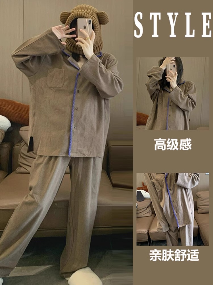 高级德绒长袖睡衣女加绒加厚秋冬季网红风开衫长裤家居服大码套装