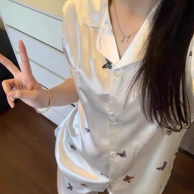 白色蝴蝶睡衣女款夏季冰丝薄款短袖短裤韩版宽松丝绸家居服套装
