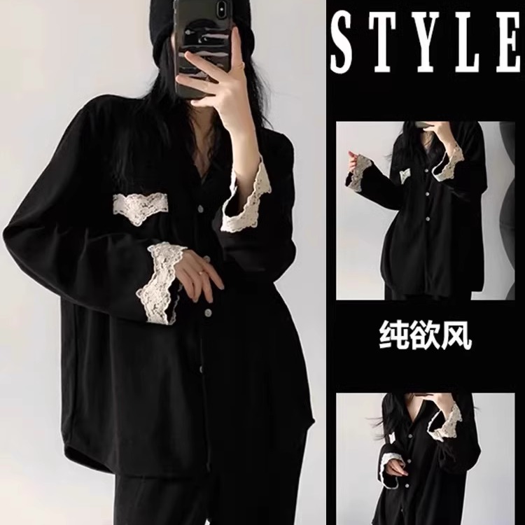 法式高级黑色蕾丝花边睡衣女网红风春秋款开衫长裤家居服大码套装