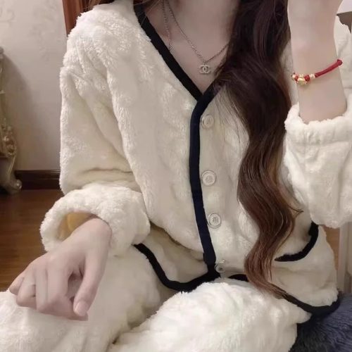 韩系小香风珊瑚绒睡衣女冬季2024新款加绒加厚简约少女家居服套装