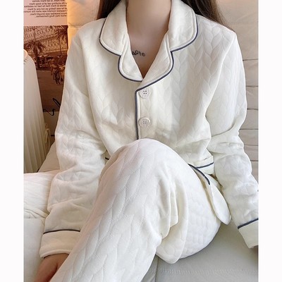 秋冬睡衣女春秋款长袖加厚纯棉空气棉2023年新款提花米白开衫套装