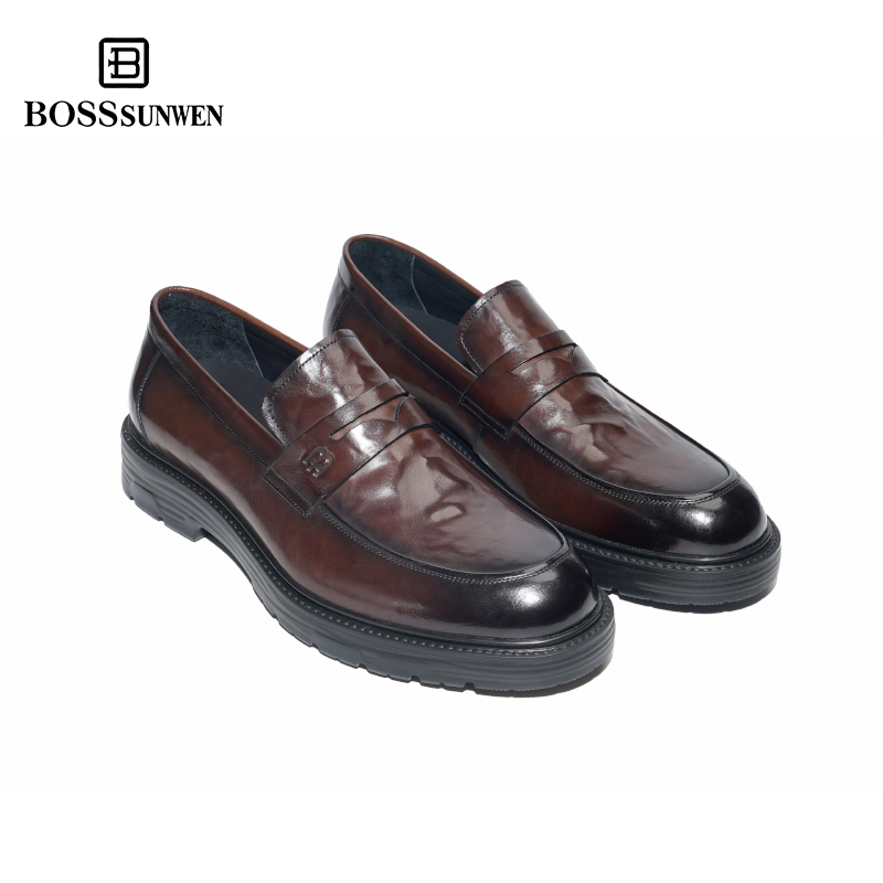 【轻质大底】BOSSSUNWEN公务一脚蹬鞋擦色厚底乐福鞋高端牛皮皮鞋
