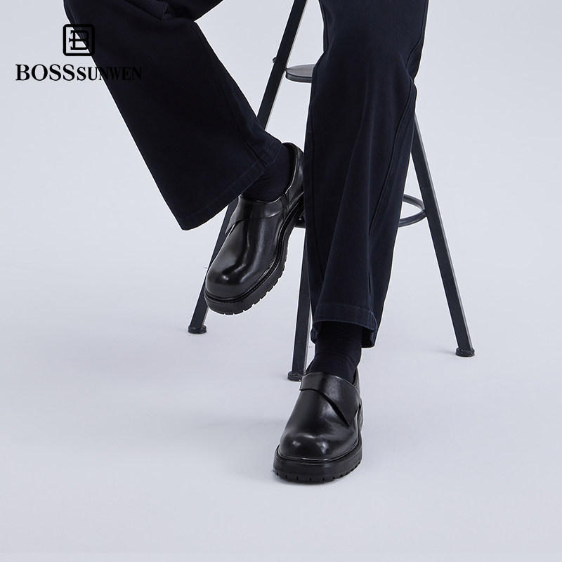 [张云龙同款]BOSSSUNWEN真皮大底乐福德比鞋增高厚底一脚蹬皮鞋图片