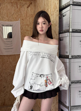 ME KAKAMEE十三行秋季甜酷字母喷画一字肩时尚大版连帽卫衣