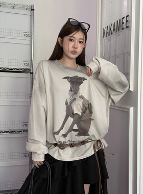 ME KAKAMEE十三行秋美式复古小狗晕染渐变做旧大版长袖T恤女