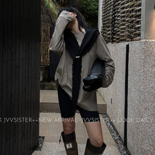 JVV十三行2025秋季新款连帽披肩长袖宽松显瘦T恤两件套女潮71058