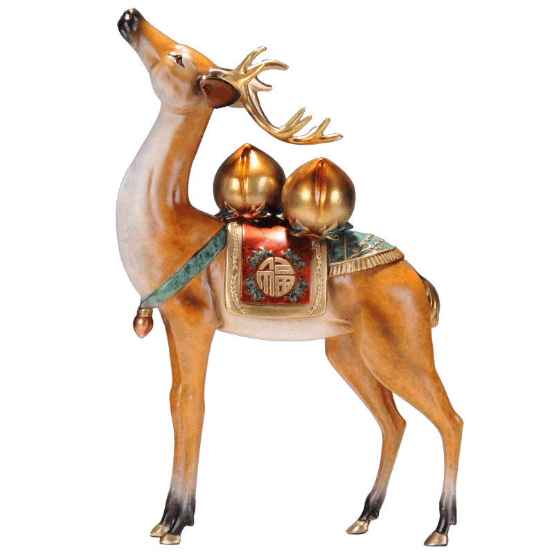 双全招财纯铜客厅玄关祝寿鹿摆件