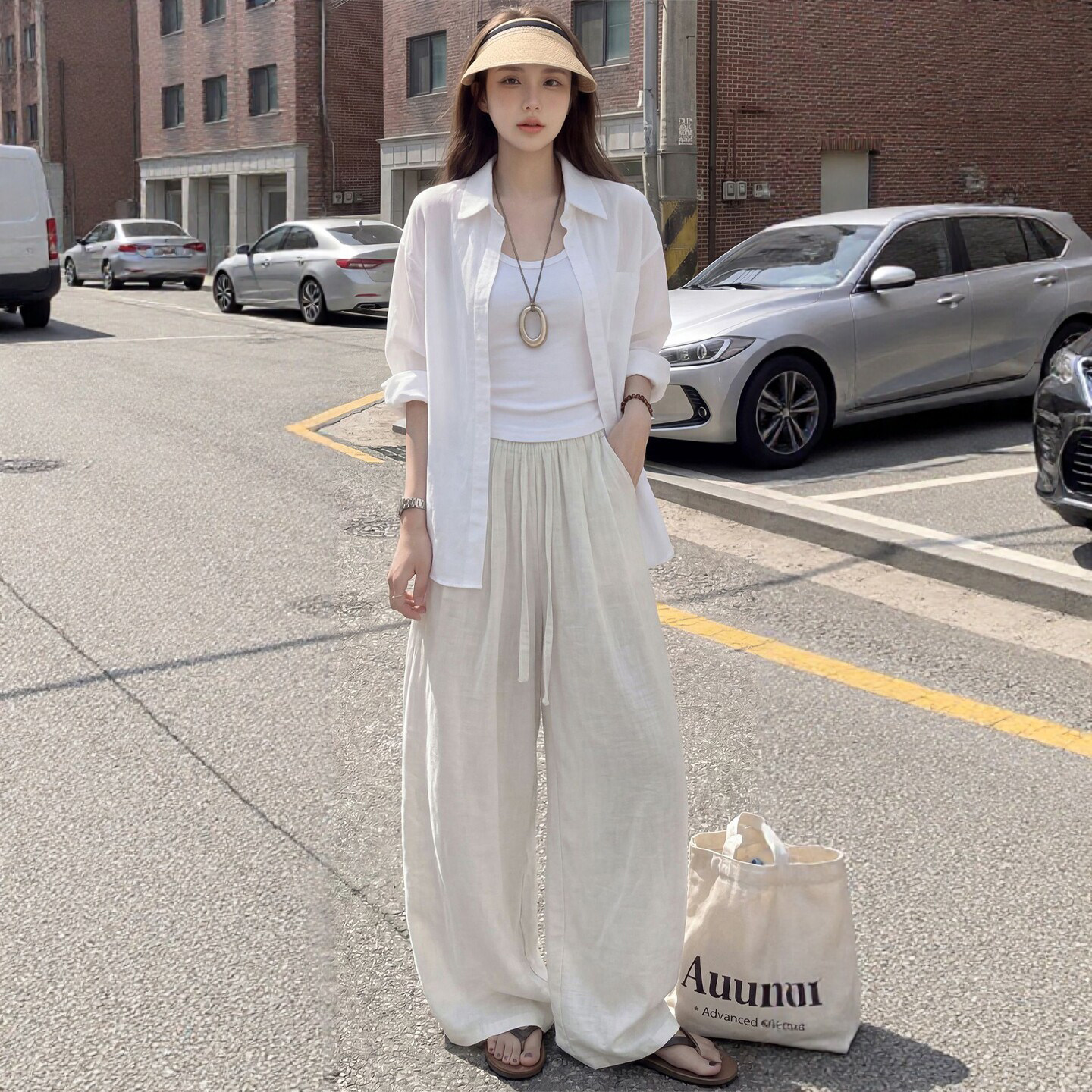 白色亚麻裤子女款夏2026新款舒适松弛感宽松慵懒休闲老钱风阔腿裤