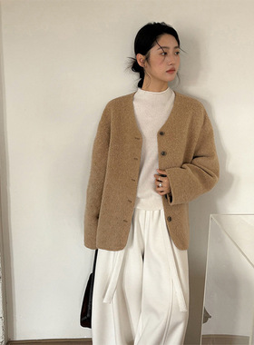 TG 高级清冷感系扣V领羊毛羊驼双面毛呢外套女2025冬日新款25974