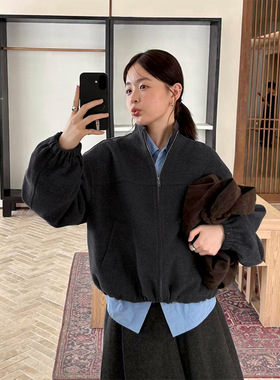 TG 休闲学院毛呢拉链外套女2025冬季新款立领宽松抽绳厚上衣25972