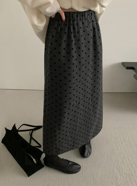 TG 韩系吸睛波点毛呢半身裙2025秋冬新款松紧腰显瘦直筒长裙25853