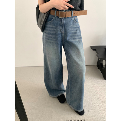 TG 复古皮带搭配显瘦牛仔裤女2025冬季新款抓绒直筒宽松长裤25888