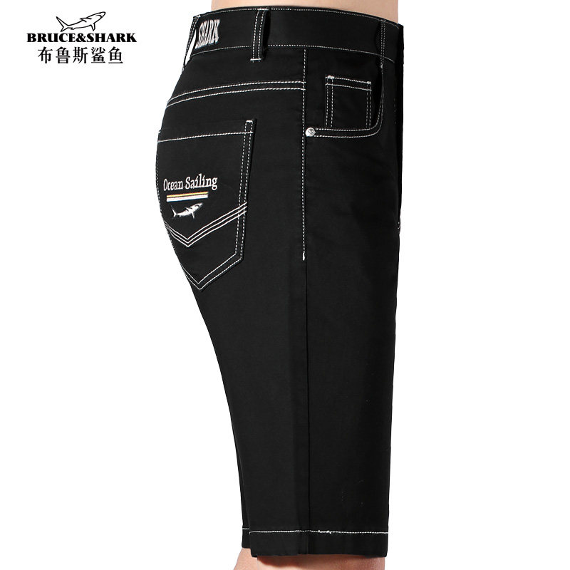 2025夏季新款男薄直筒牛仔短裤布鲁斯鲨鱼宽松大码男士刺绣五分裤