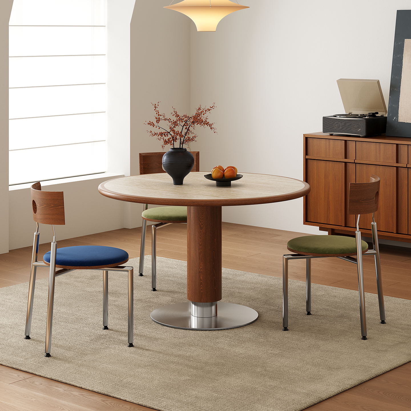 中古风内嵌岩板实木包边圆形餐桌