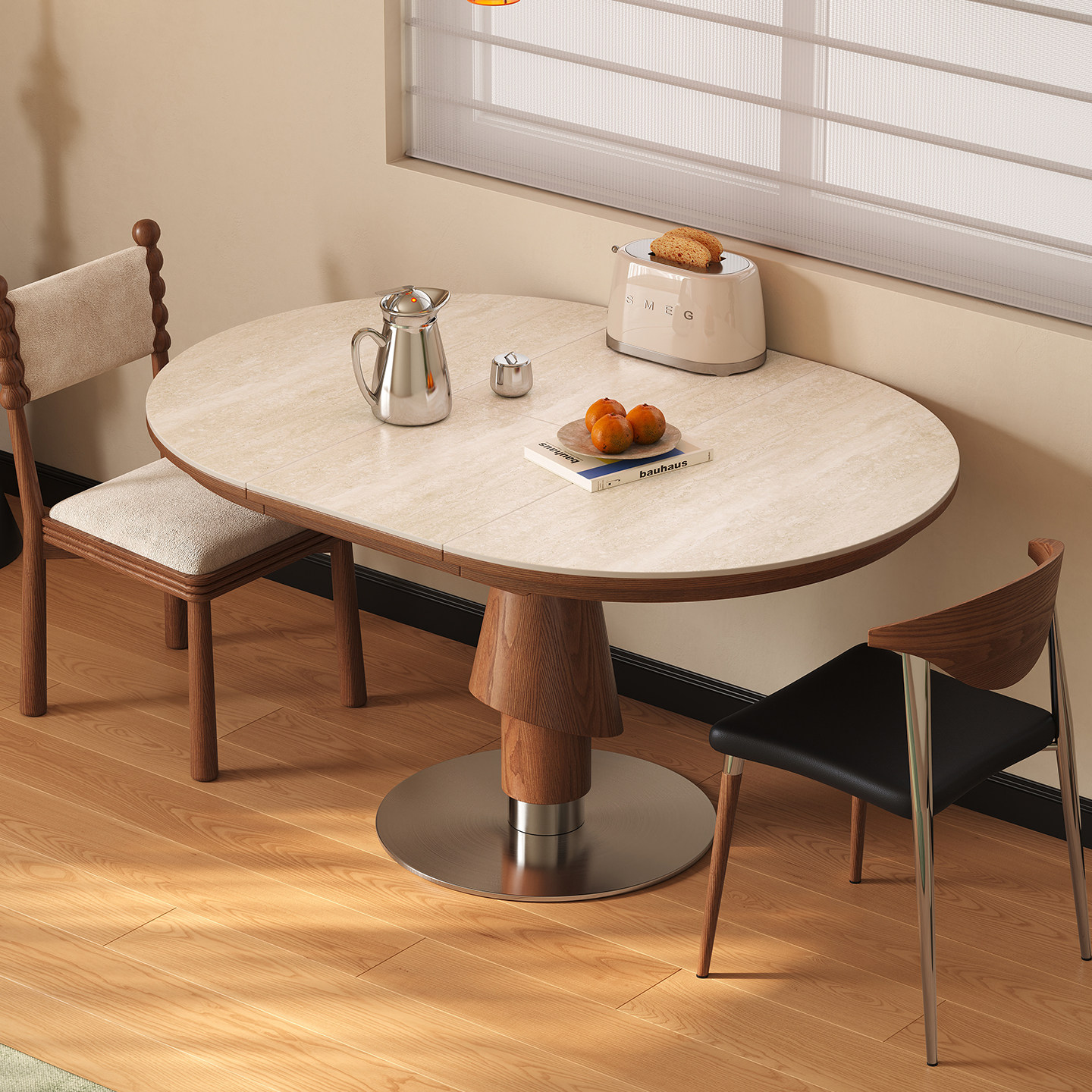 斐度中古风洞石岩板实木伸缩圆形餐桌椭圆形拉伸桌子小户型折叠桌